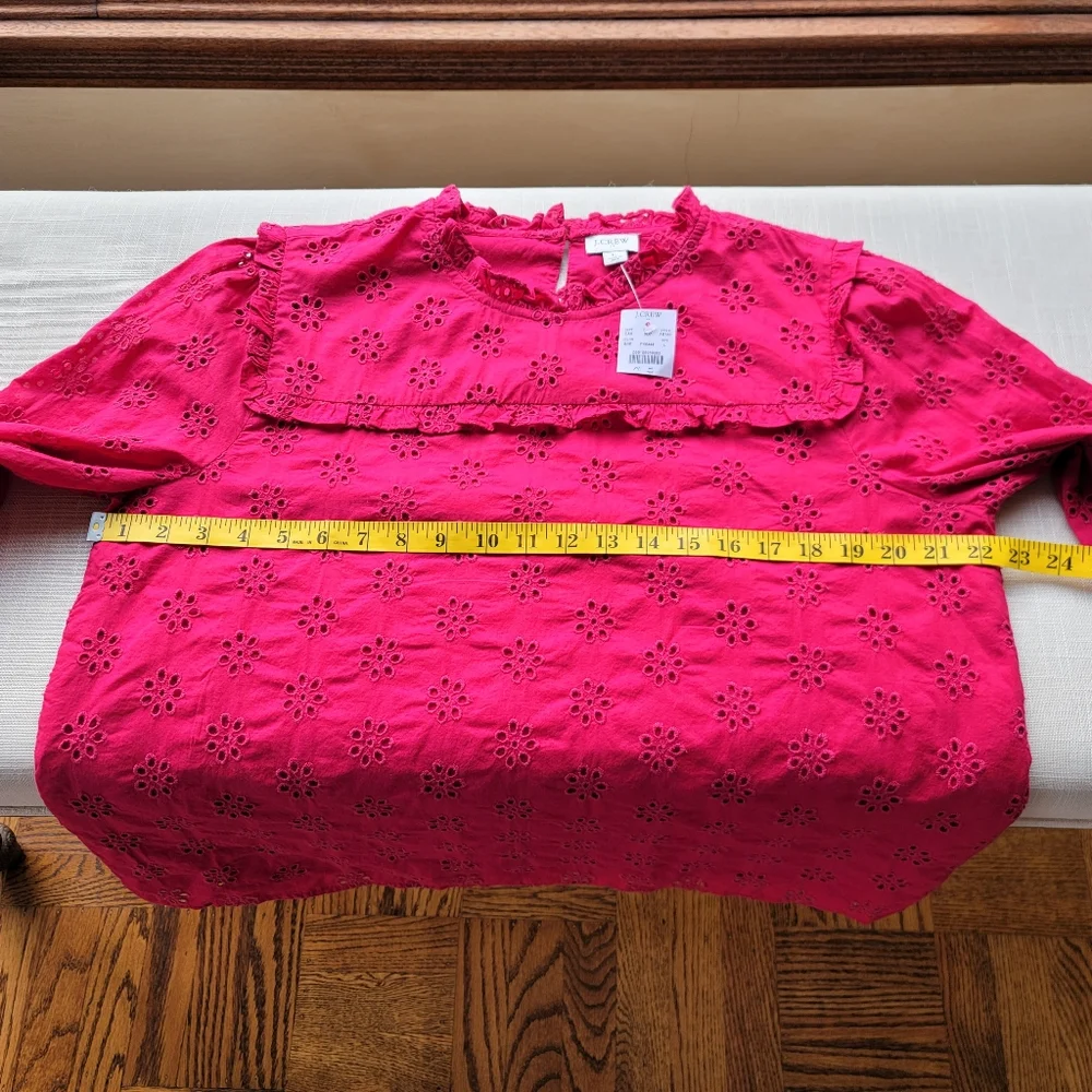 New! J.Crew sz Large L Ruffleneck Eyelet-Yoke Top in Berry Red NWT